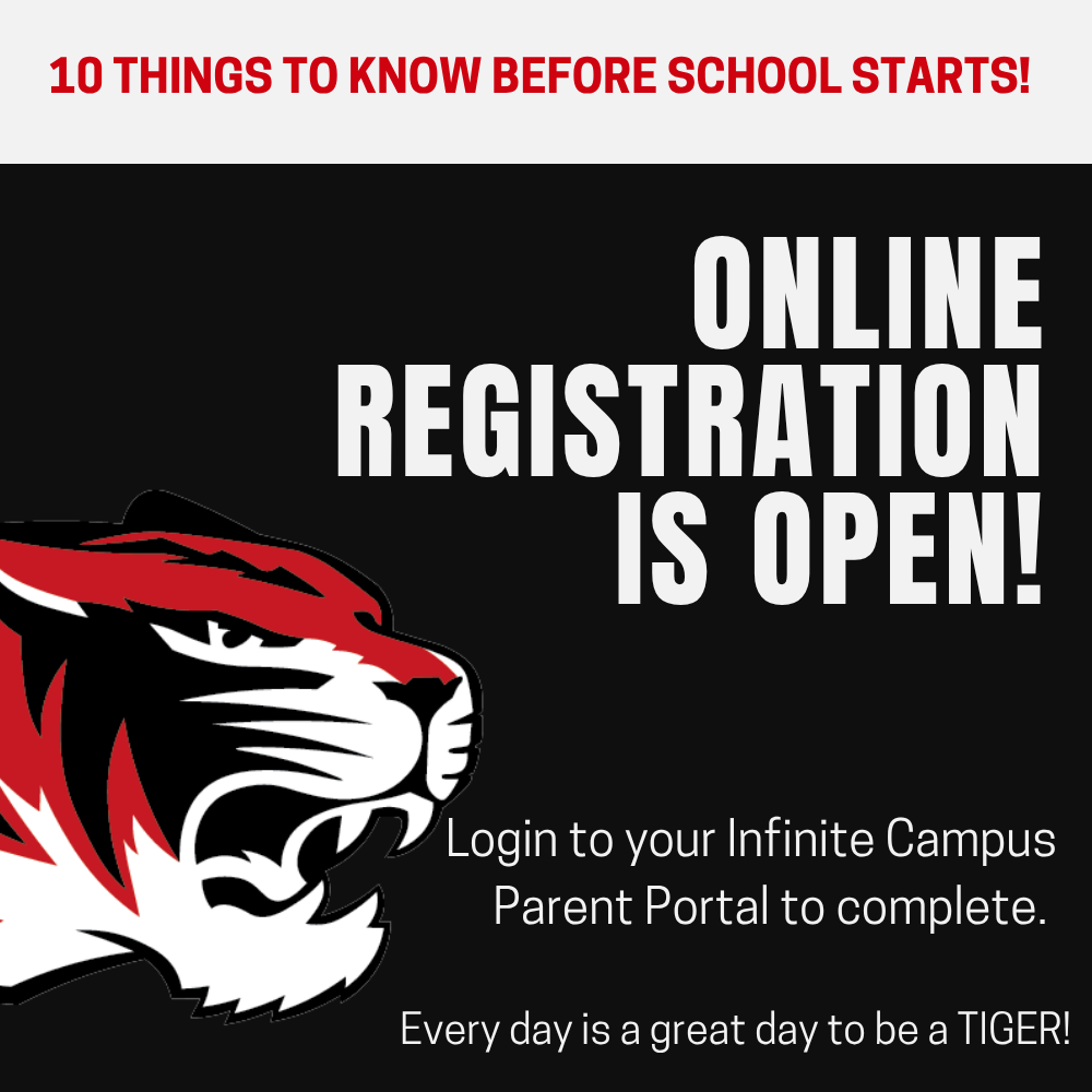 Black background with text "Online Registration is Open!" and an illustration of a tiger head.