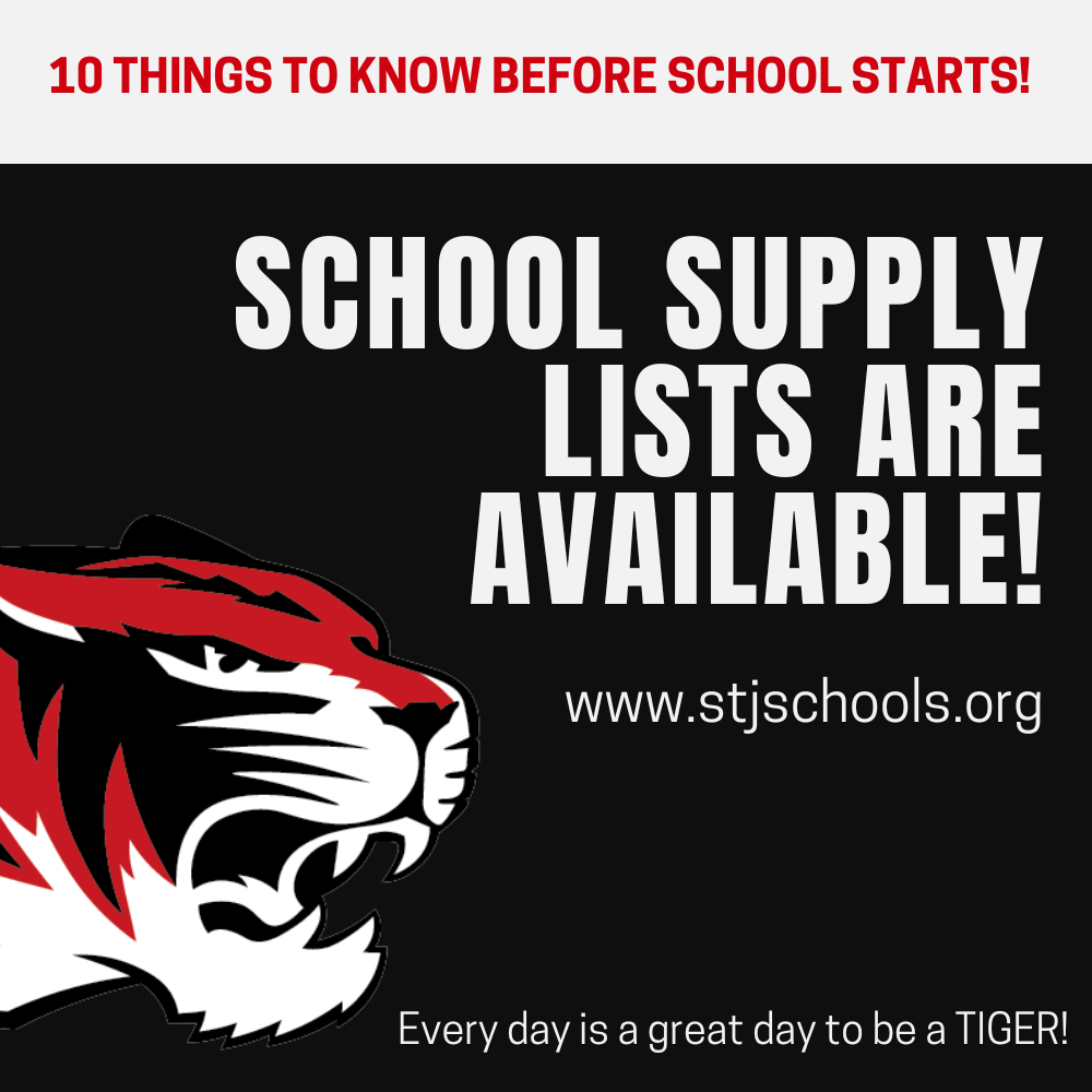 A black background displays a tiger logo with a red and white color scheme. The text reads "10 things to know before school starts!"