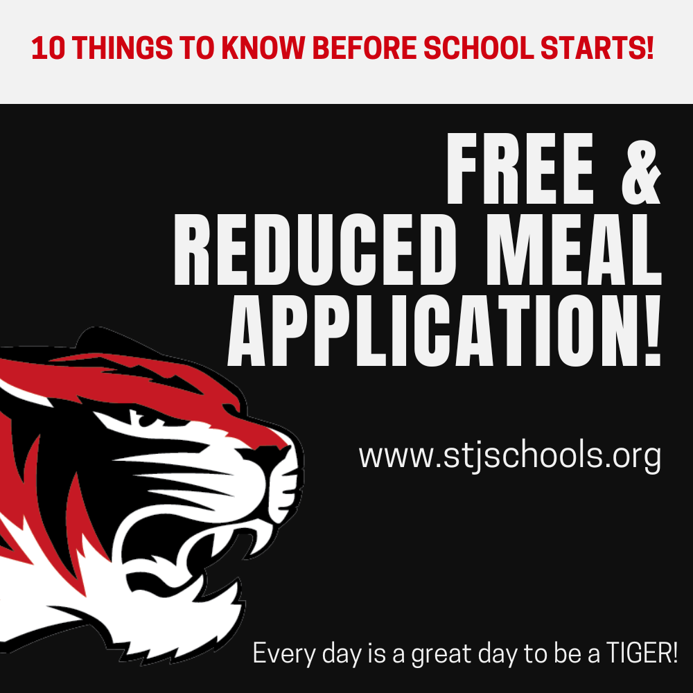 Advertisement with a tiger logo, text "Free & Reduced Meal Application!" and website URL www.stjsschools.org.