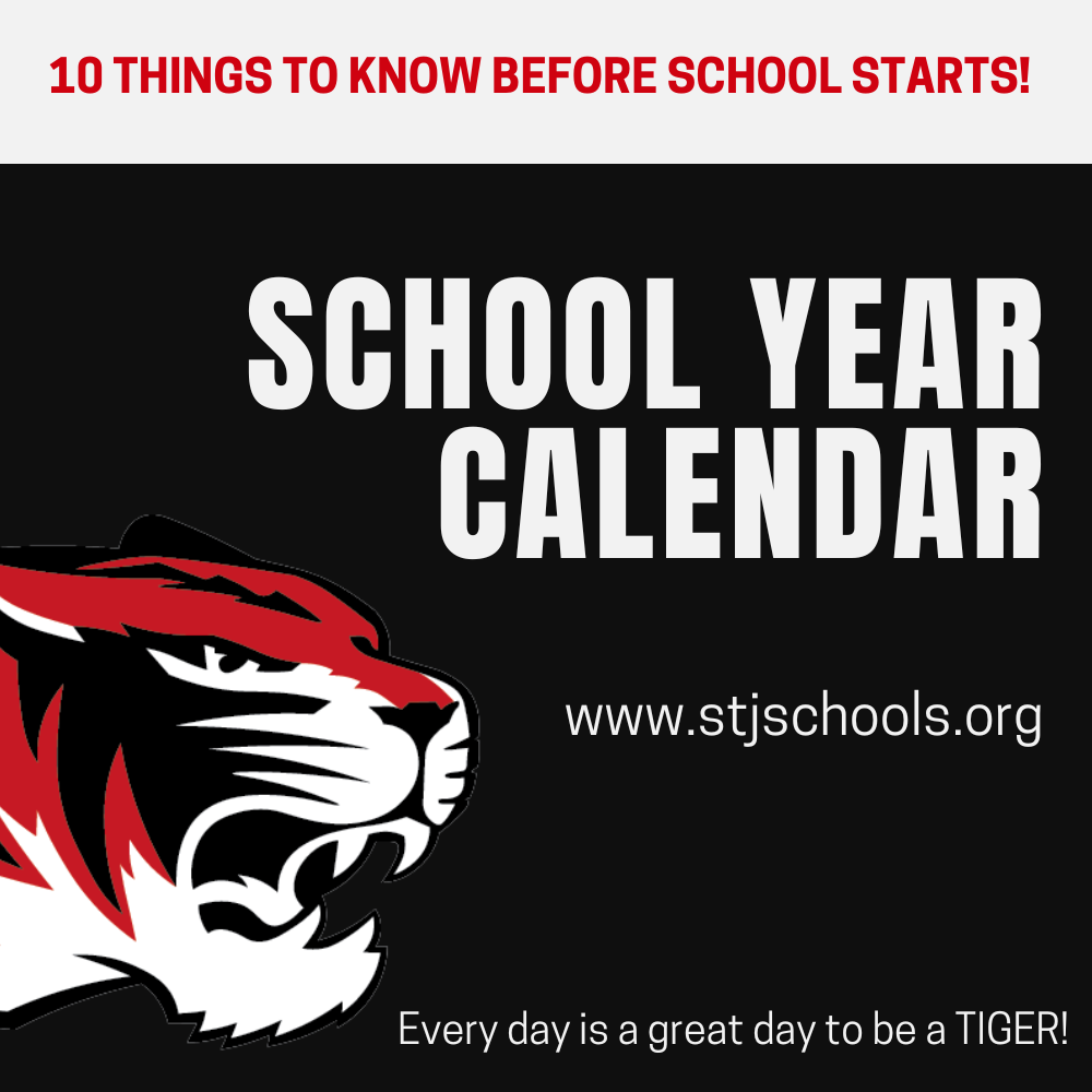 Black background with white text and a red tiger head. Text reads "SCHOOL YEAR CALENDAR" and "10 THINGS TO KNOW BEFORE SCHOOL STARTS!".