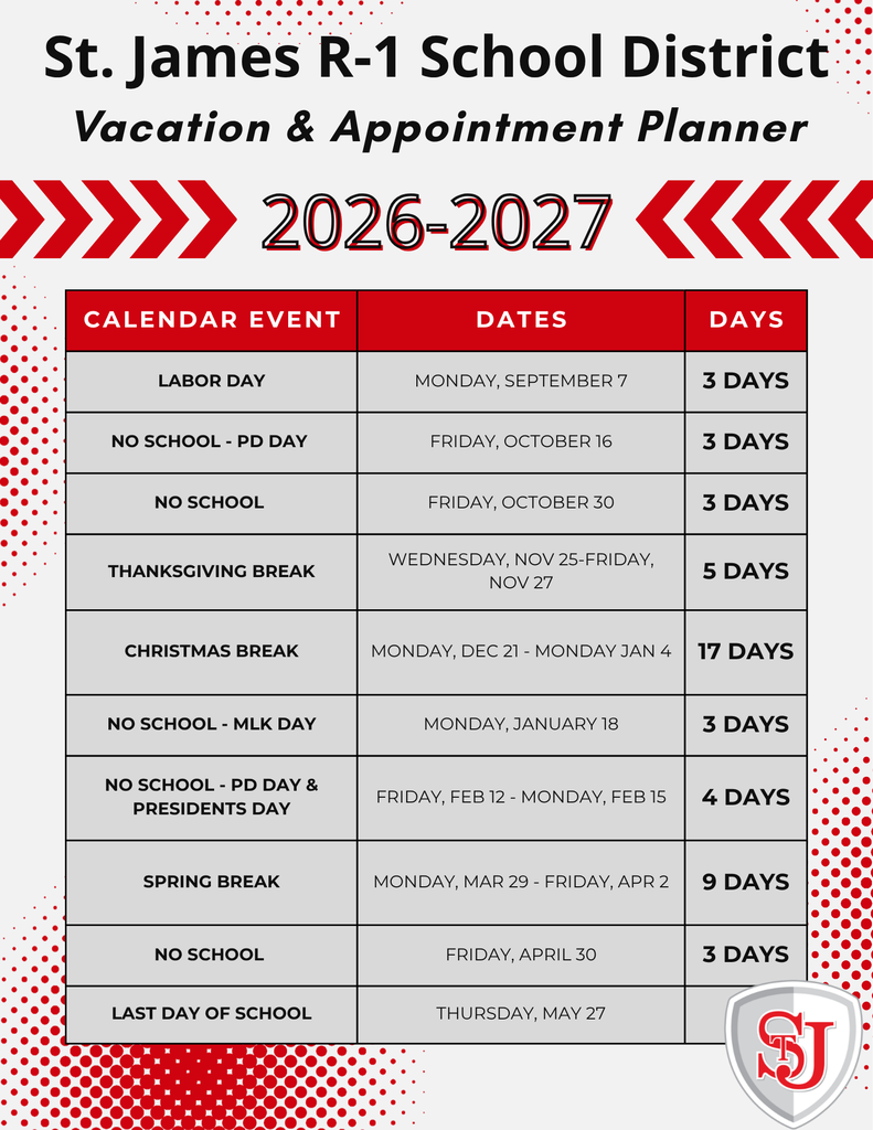Red and white graphic with "St. James R-1 School District Vacation & Appointment Planner 2026-2027" at the top.