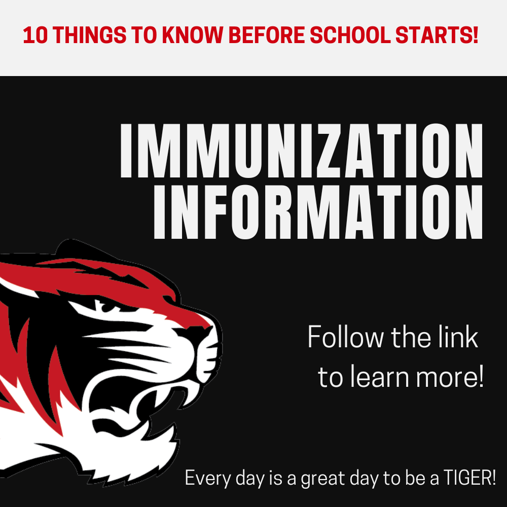 Black background with white text, featuring a red tiger emblem and link for immunization information.