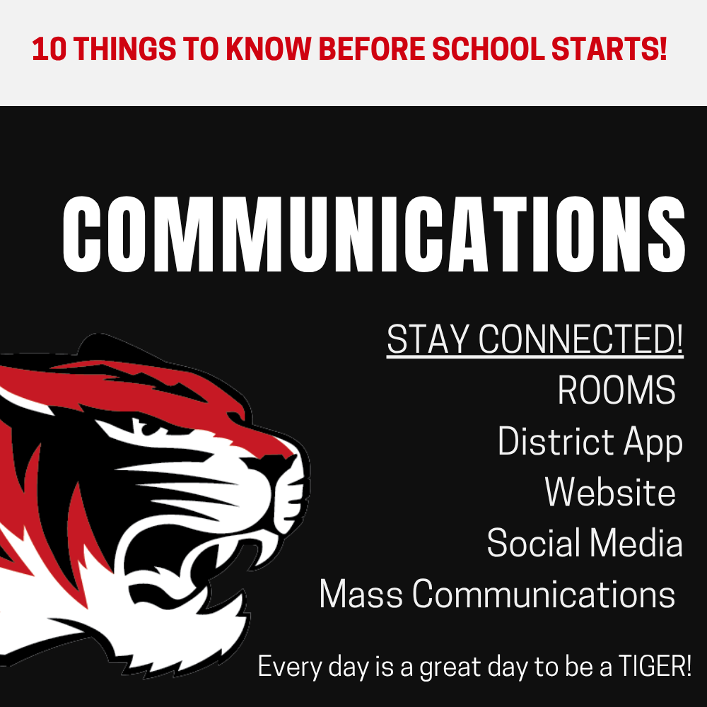 A tiger logo appears on a black background. Text reads, "10 Things to Know Before School Starts! Communications Stay Connected!"