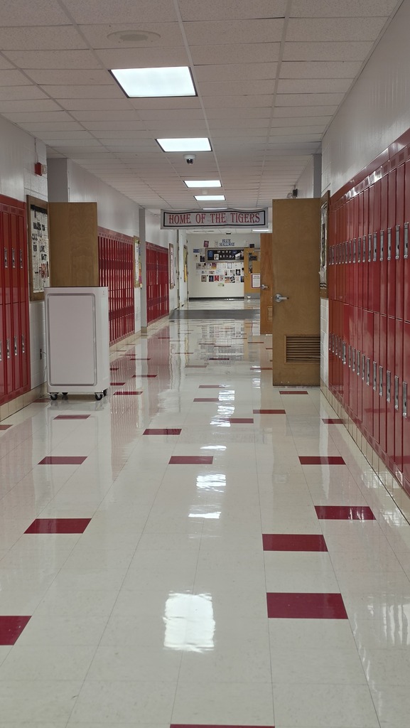 Empty hallway with white floor, red squares, fluorescent lights, and red lockers along both sides.