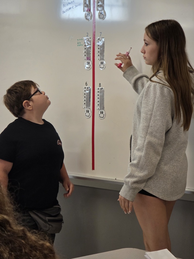 Two students in a classroom, one looking at a white board with temperature gauges and another pointing at it.
