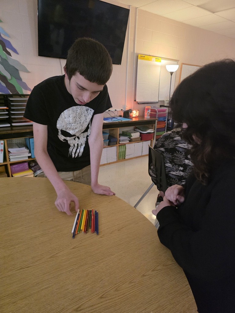 A student and teacher standing at a table arrange colored pencils. Behind them, shelves with books and a whiteboard.