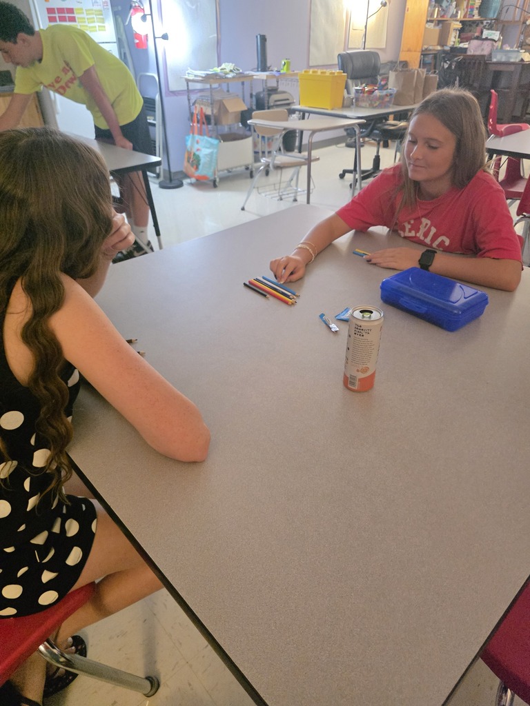 Two students sit at a table in a classroom, one in a red shirt and the other in a polka-dot dress.