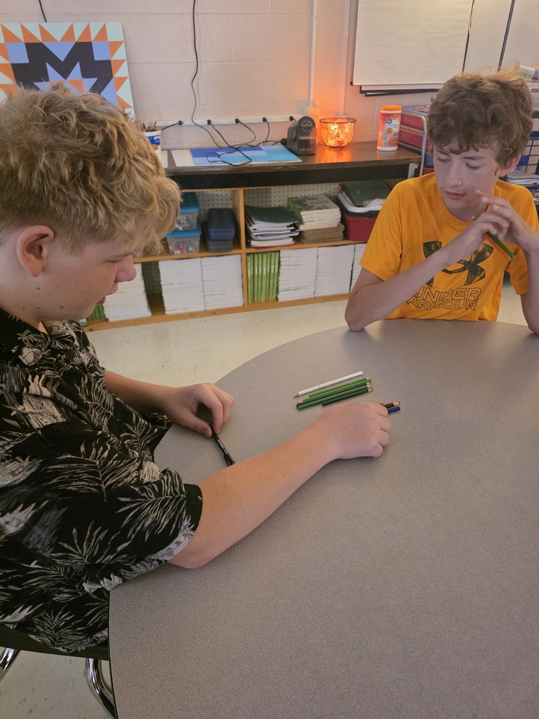 Two boys, one in black, another in yellow, seated at a table with a green object. A bookshelf and whiteboard behind them.