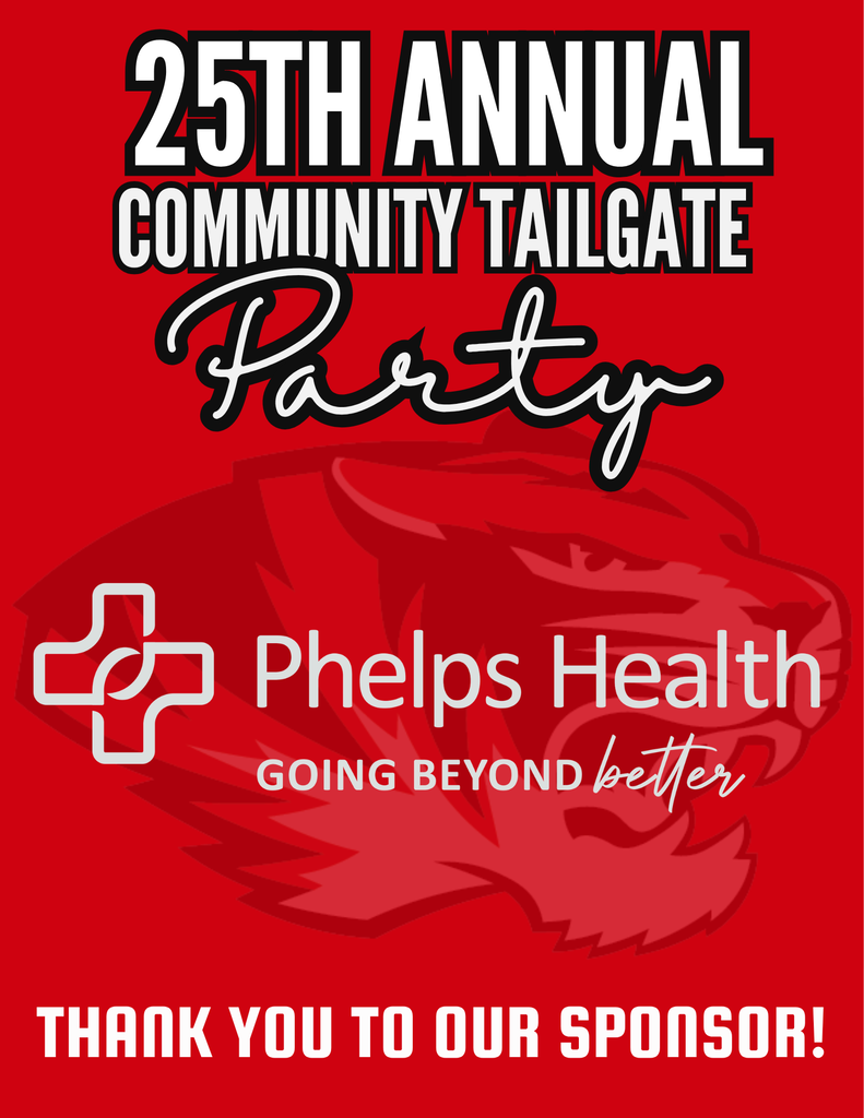 A red poster for the 25th annual community tailgate party sponsored by Phelps Health, featuring a red tiger head.