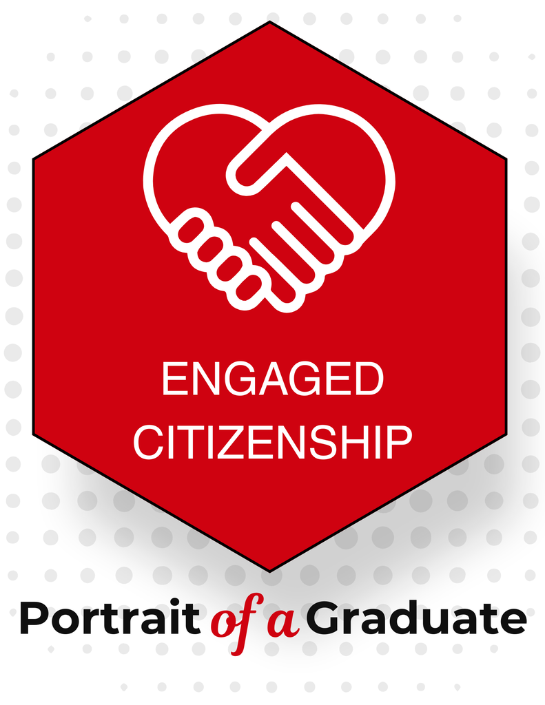 Logo with a red hexagon and a white icon of two hands clasped together. Below, white text reads "ENGAGED CITIZENSHIP" and "Portrait of a Graduate".