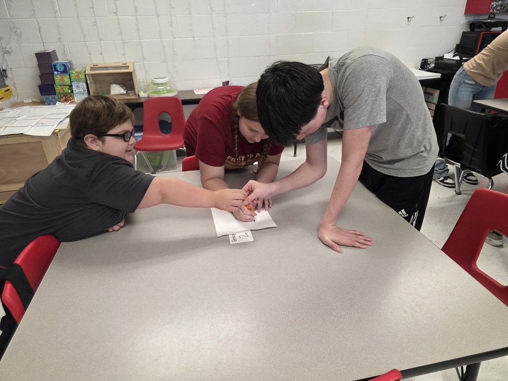 Team building in Mrs. Mulhall's class! Multiple students are working together to draw on a piece of paper with a single writing utensil and string. 