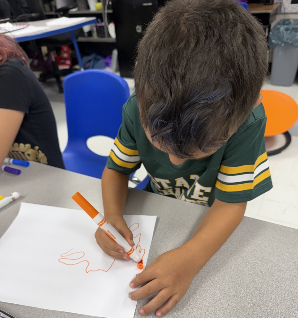 A child in a green t-shirt draws on paper with orange markers at a desk.