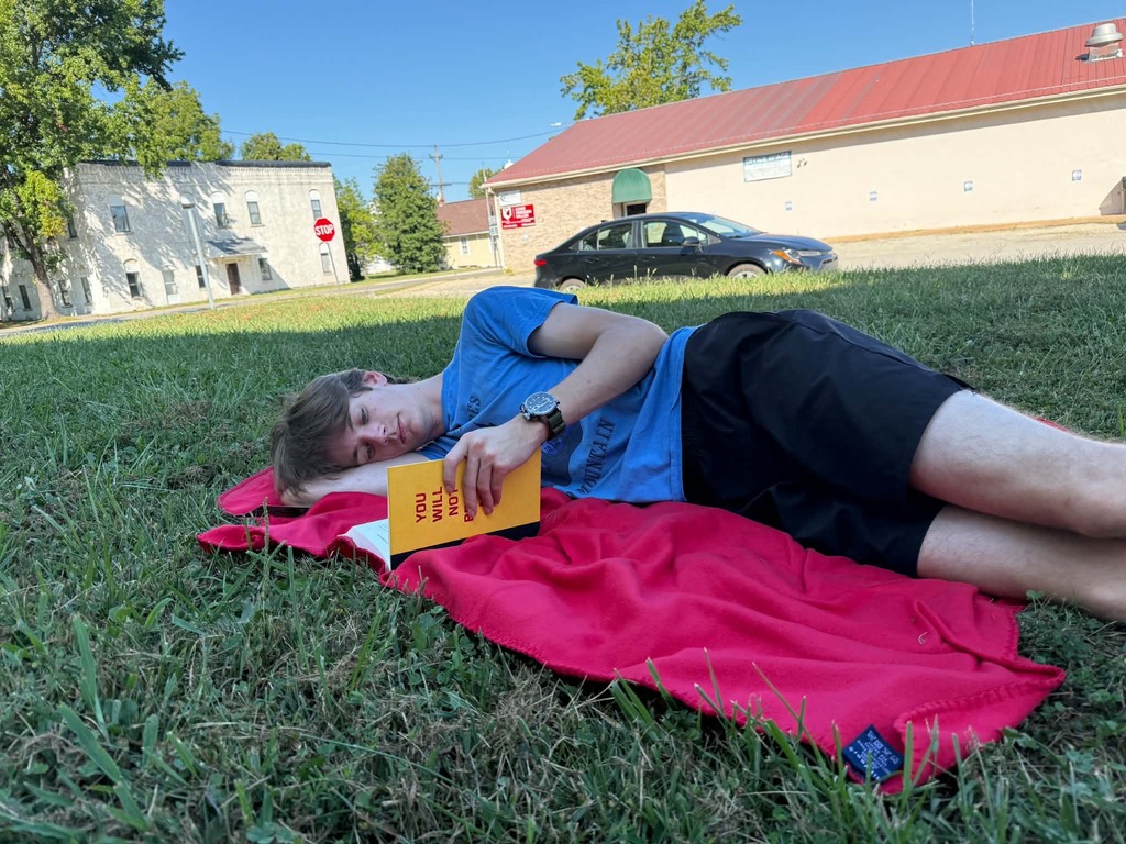A person on a red blanket reads in the grass.