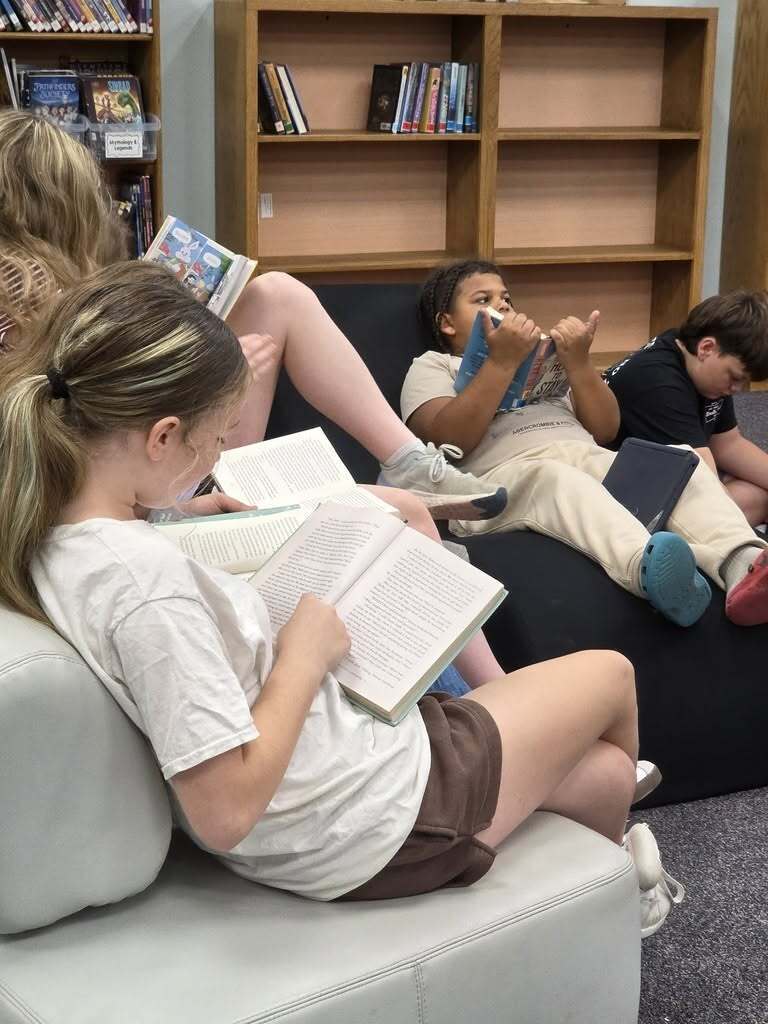 Students read books in the library. 
