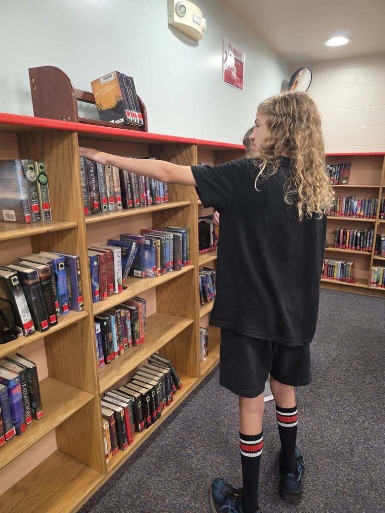 A student chooses a book from a library shelf. 