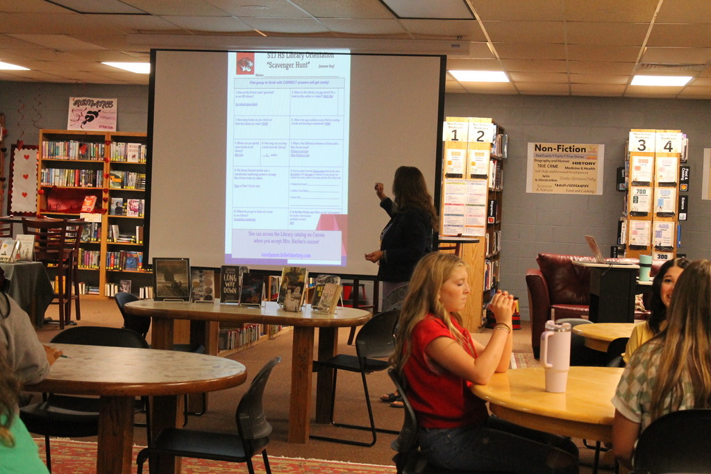 Mrs. Harlan presenting about the St. James High School Library