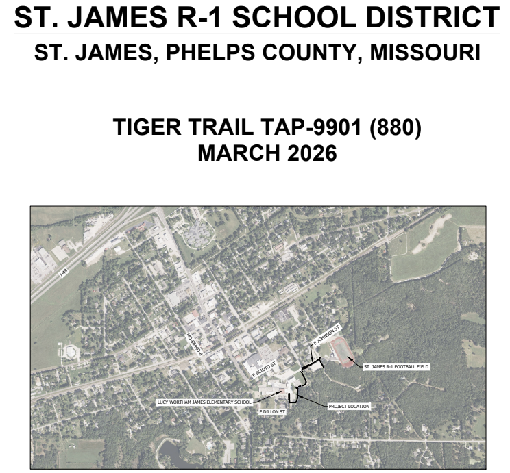 St. James R-1 School District; St. James, Phelps County, Missouri. Tiger Trail TAP-9901 (880_ March 2026). Map of st. james with route of tiger trail marked.