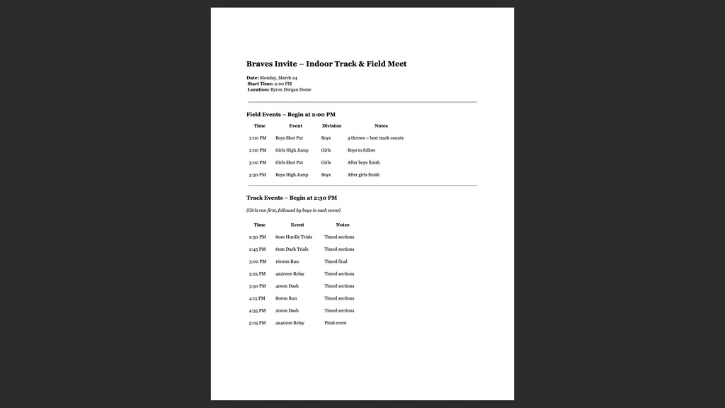 Indoor Track Meet schedule, Belcourt, March 24