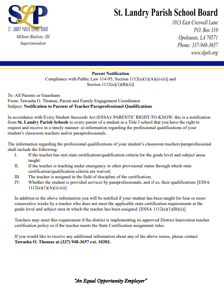 Parents Right to Know Letter