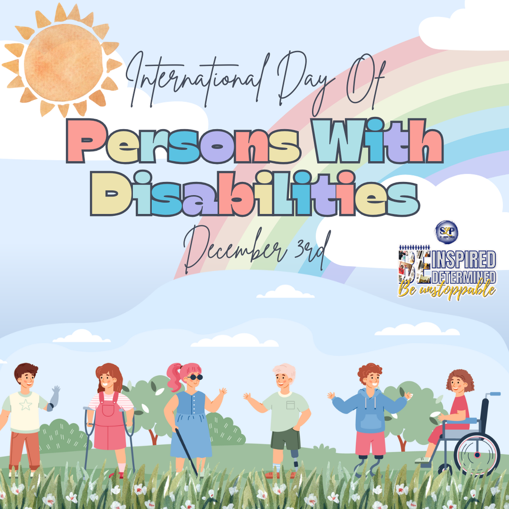 A cartoon drawing for International Day of Persons with Disabilities. It shows a bright sun, a rainbow, and six happy children with different disabilities standing in the grass waving.