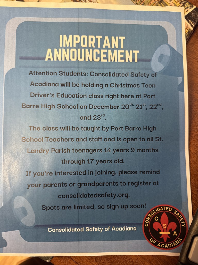 Driving School at Port Barre High School, Coming December 20th, 2025