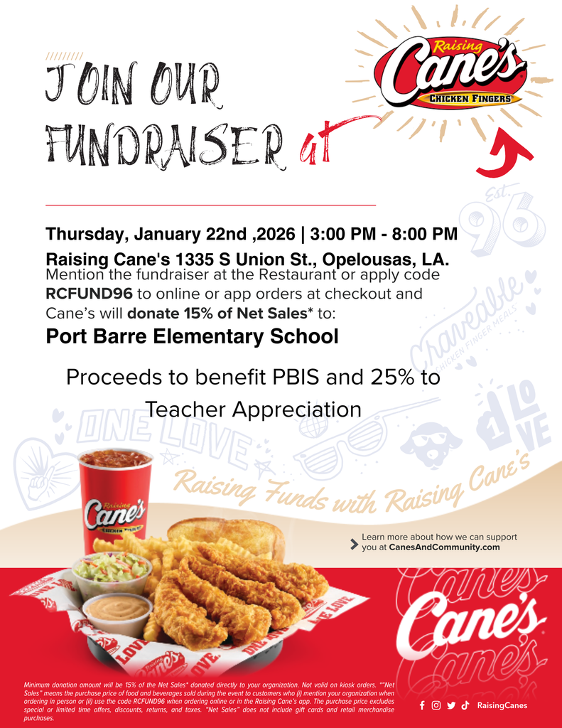 Reminder: PBE's Raising Cane's Fundraiser is Thursday, 1/22 from 3:00-8:00! Don't forget to mention PBE when ordering!