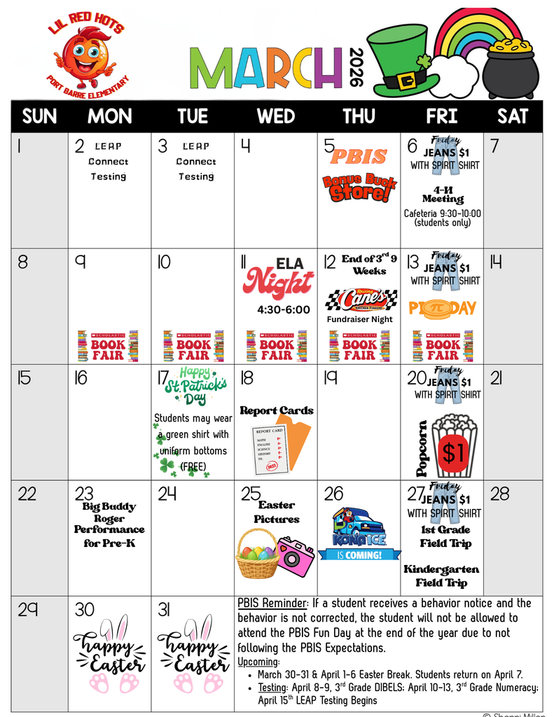 Plan ahead, PBE Parents! 🗓️✨March Calendar