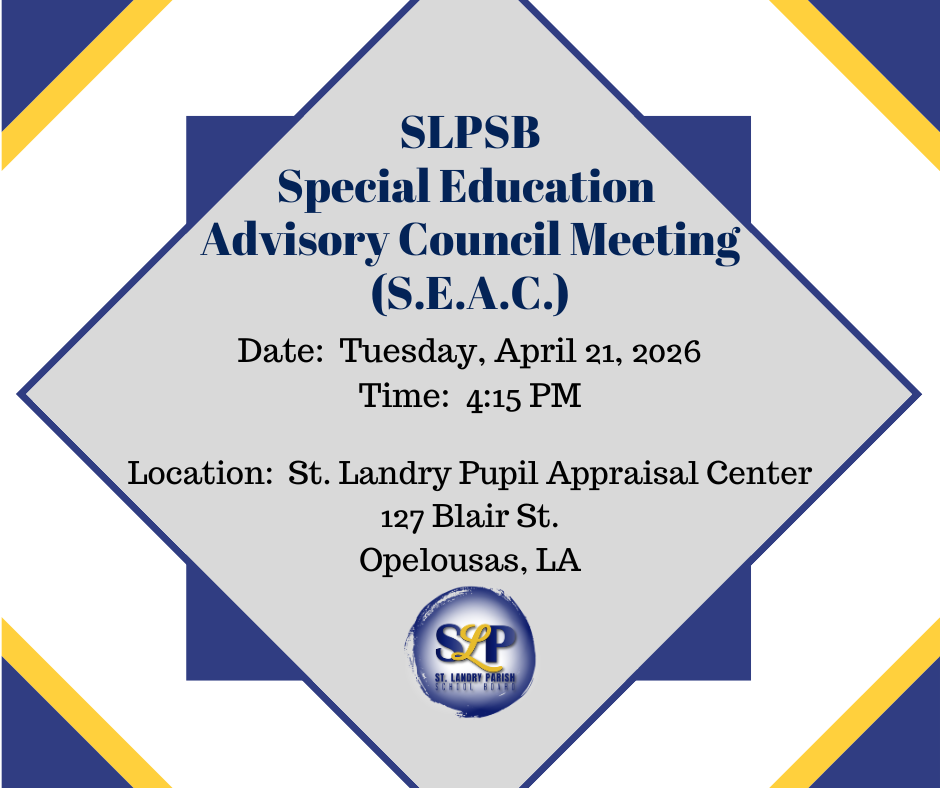 SEAC meeting Tuesday, April 21, 2026 at 4:15 PM at Pupil Appraisal Center
