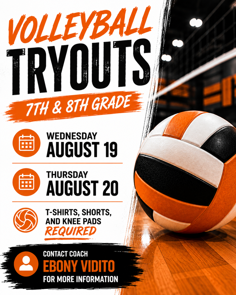 Opelousas High School volleyball tryouts graphic in orange, black, and white featuring a volleyball and gym court. Tryouts for 7th and 8th grade students are Wednesday, August 19 and Thursday, August 20. T-shirts, shorts, and knee pads are required. Students may contact Coach Ebony Vidito for more information.