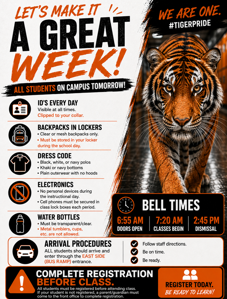 OHS back-to-school reminder graphic featuring a tiger and the message “Let’s Make It a Great Week!” All students will be on campus Monday. Reminders include visible student IDs, clear or mesh backpacks stored in lockers, black, white, or navy polos with khaki or navy bottoms, hoodless outerwear, no personal electronic devices during the instructional day, cell phones secured in classroom lock boxes each period, and clear/transparent water bottles only. All students enter through the east side bus ramp entrance. Doors open at 6:55 AM, classes begin at 7:20 AM, and dismissal is at 2:45 PM. Students must complete registration before attending class, and unregistered students must report with a parent or guardian to complete registration.
