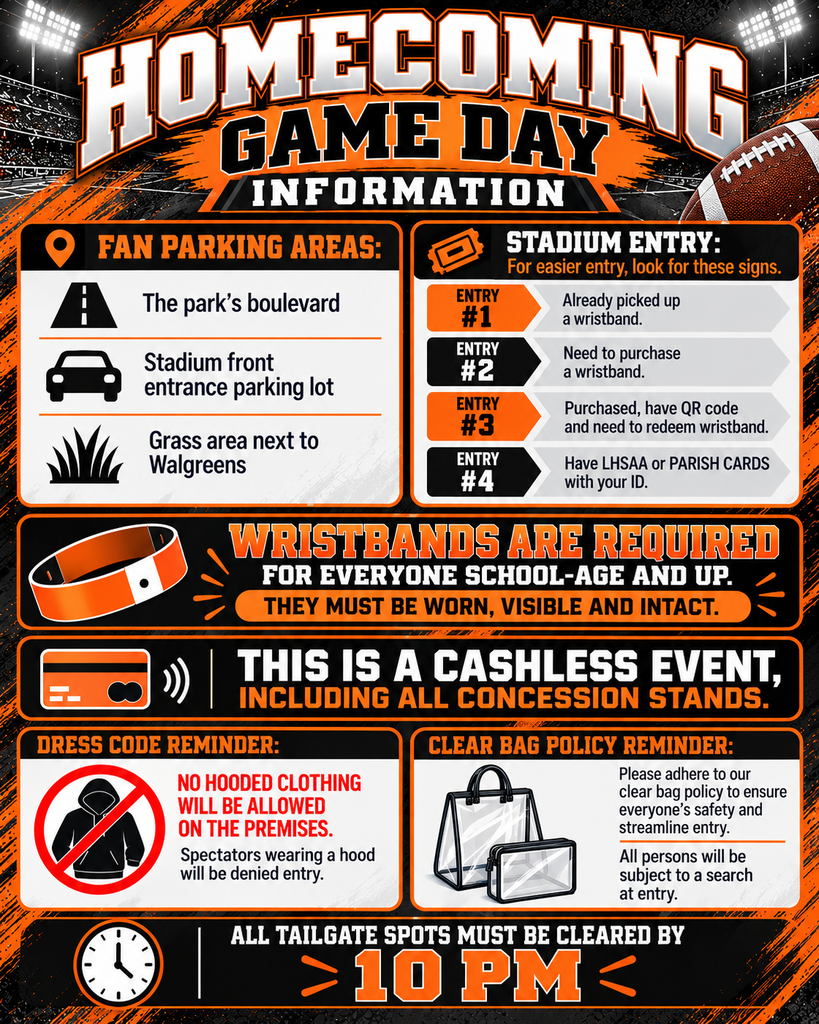 Homecoming Game Day Information graphic in orange, black, white, and gray. Fan parking is available along the park’s boulevard, the stadium front entrance parking lot, and the grass area next to Walgreens. Stadium entry is divided into four lines based on wristband status, QR code redemption, or LHSAA/Parish Cards with ID. Wristbands are required for everyone school-age and up and must be worn, visible, and intact. The event and all concession stands are cashless. Hooded clothing is not permitted. Clear bags are required, and all persons are subject to search at entry. All tailgate spots must be cleared by 10 PM.