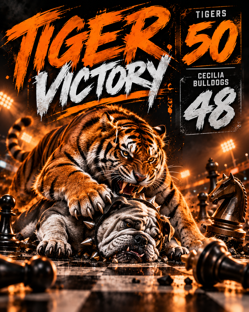 A fierce orange-and-black tiger tackles a Cecilia Bulldog on a chessboard surrounded by fallen chess pieces and stadium lights. The graphic reads “Tiger Victory” and displays the final score, Tigers 50, Cecilia Bulldogs 48.