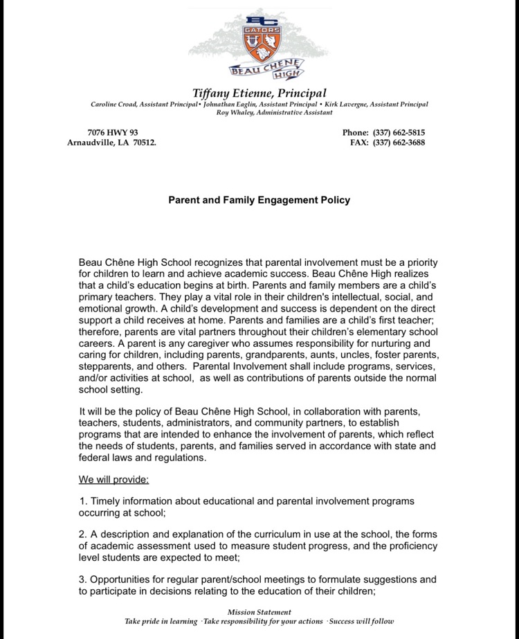 BCHS - Parent and Engagement Policy
