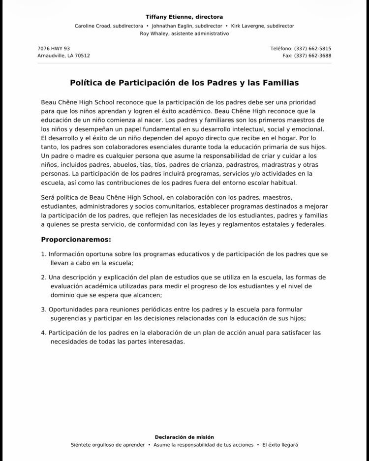 BCHS - Parent and Engagement Policy