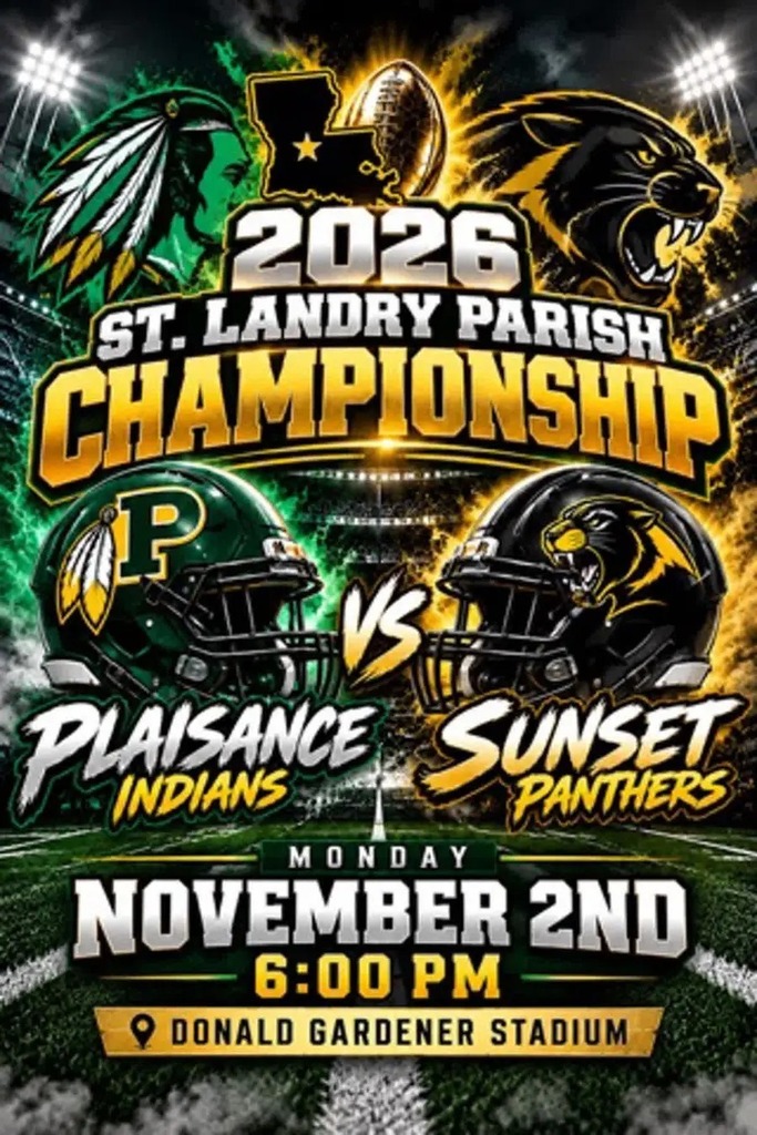 Black and gold poster with logos of two football teams with helmets, one with a paw print, and a date of November 2nd.