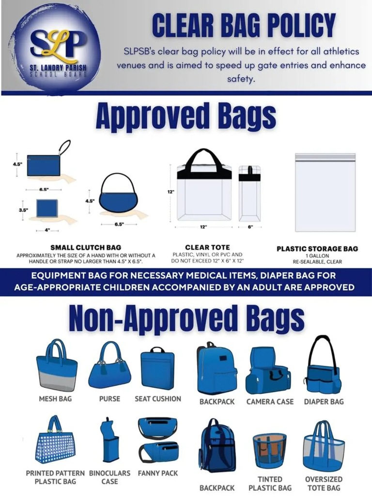 Graphic explaining approved and non-approved bags for athletes, featuring illustrations of various bags and a list of bag sizes.