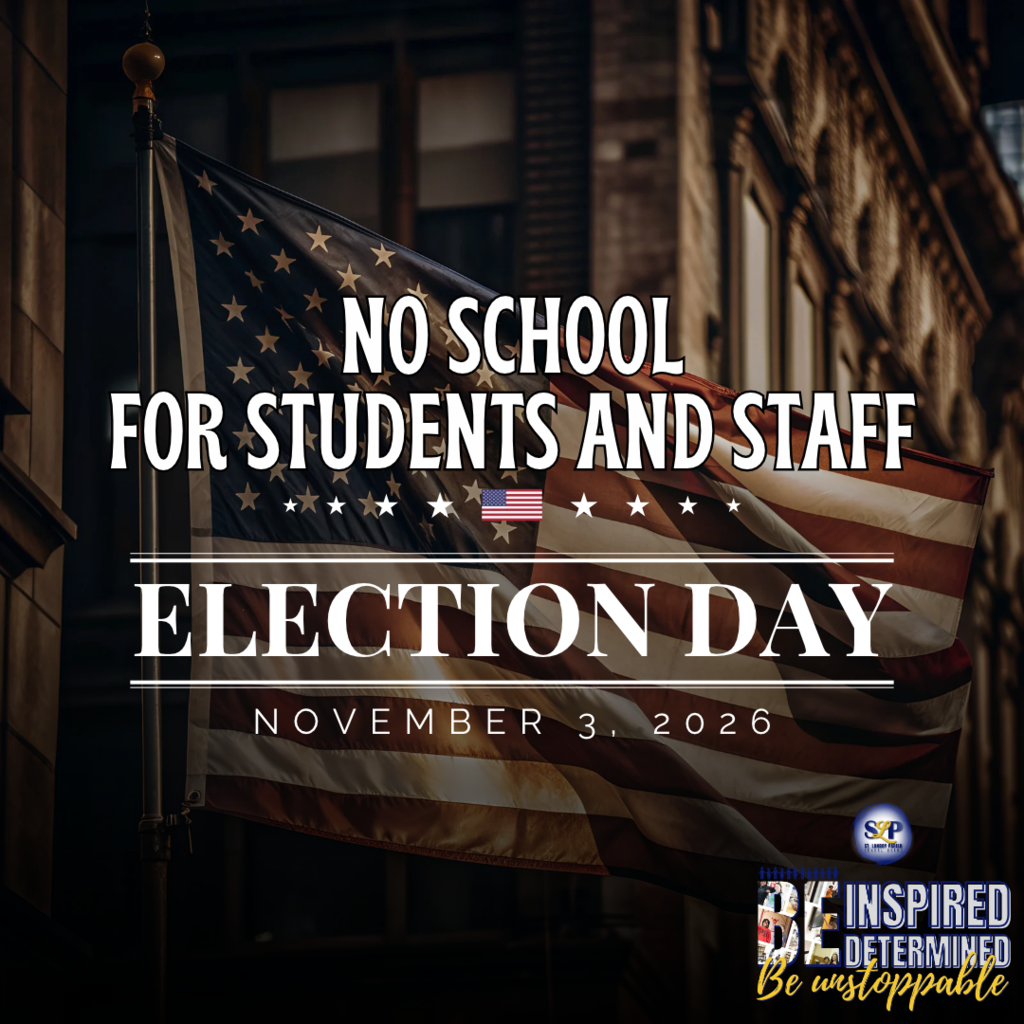 Text overlay on photo of US flag and buildings: No School for Students and Staff Election Day November 3, 2026
