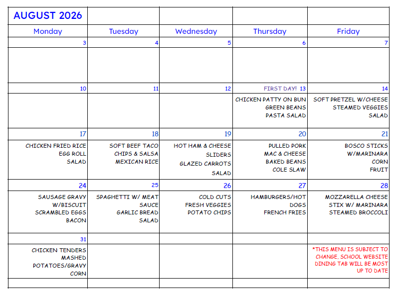 August 2026 Menu
