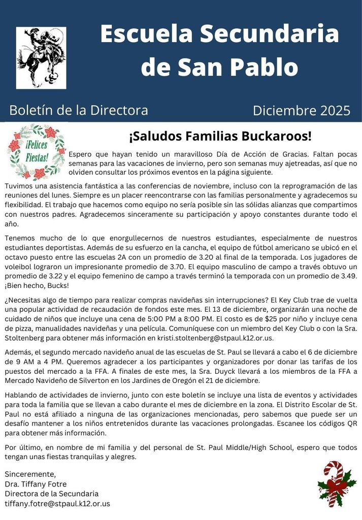 December 2025 Principal's Newsletter page 1 - Spanish