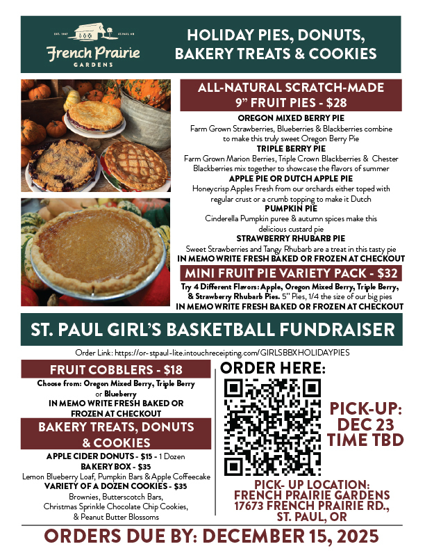 Girls Basketball Fundraiser: French Prairie Gardens Holiday Pies, Donuts, Bakery Treats & Cookies