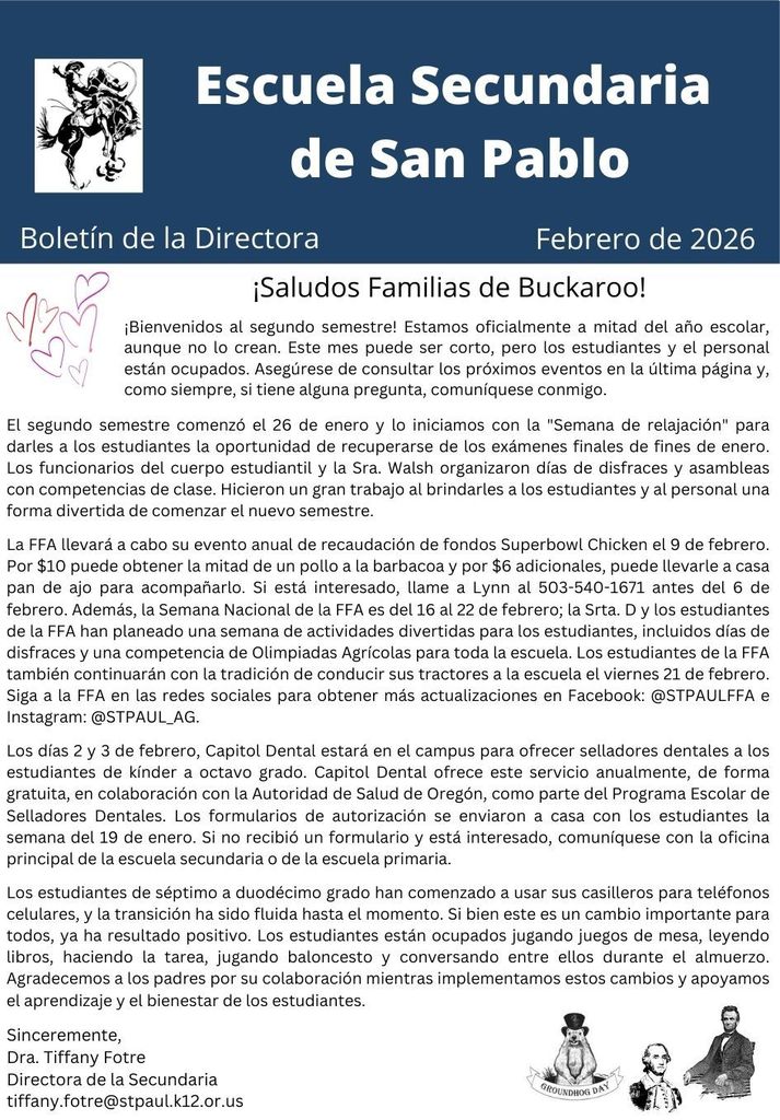 MS/HS Newsletter for February 2026 Spanish page 1