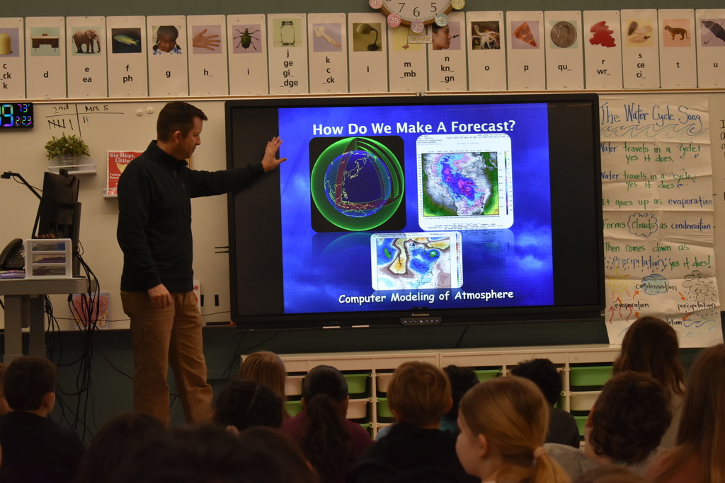 Mark Nelsen visiting the elementary to talk about his meteorologist job