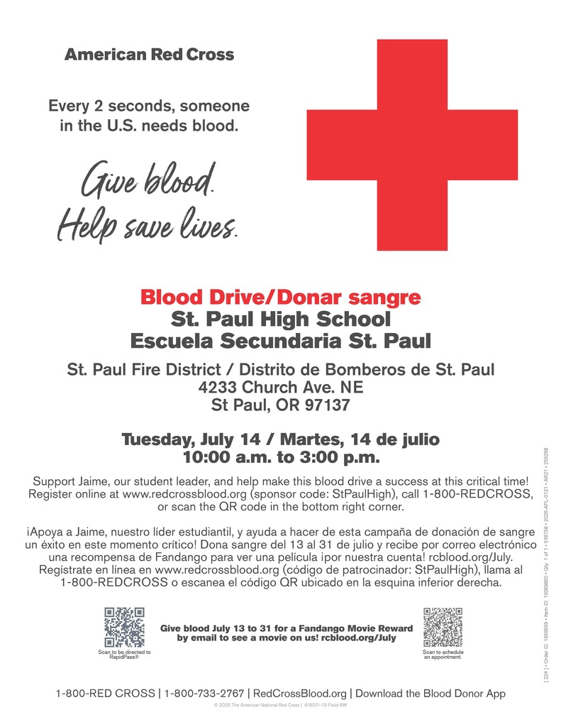 Red Cross Blood Drive on Tuesday, July 14 at 10:00 am until 3:00 pm. Contact Jaime Guzman at jaime.guzman@stu.stpaul.k12.or.us if you have any questions!