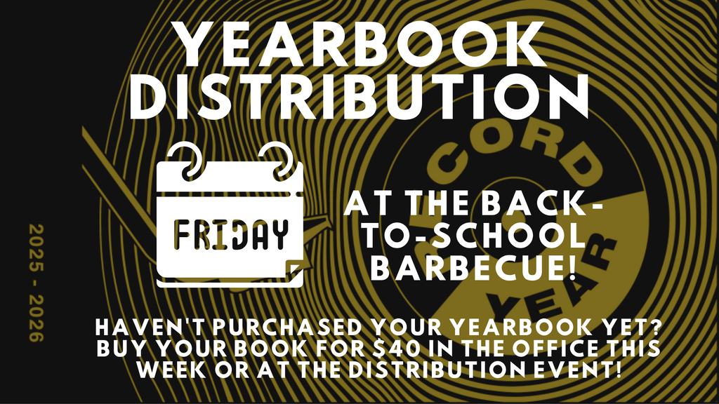 Yearbook Distribution on Friday, September 11 during Back to School BBQ. 