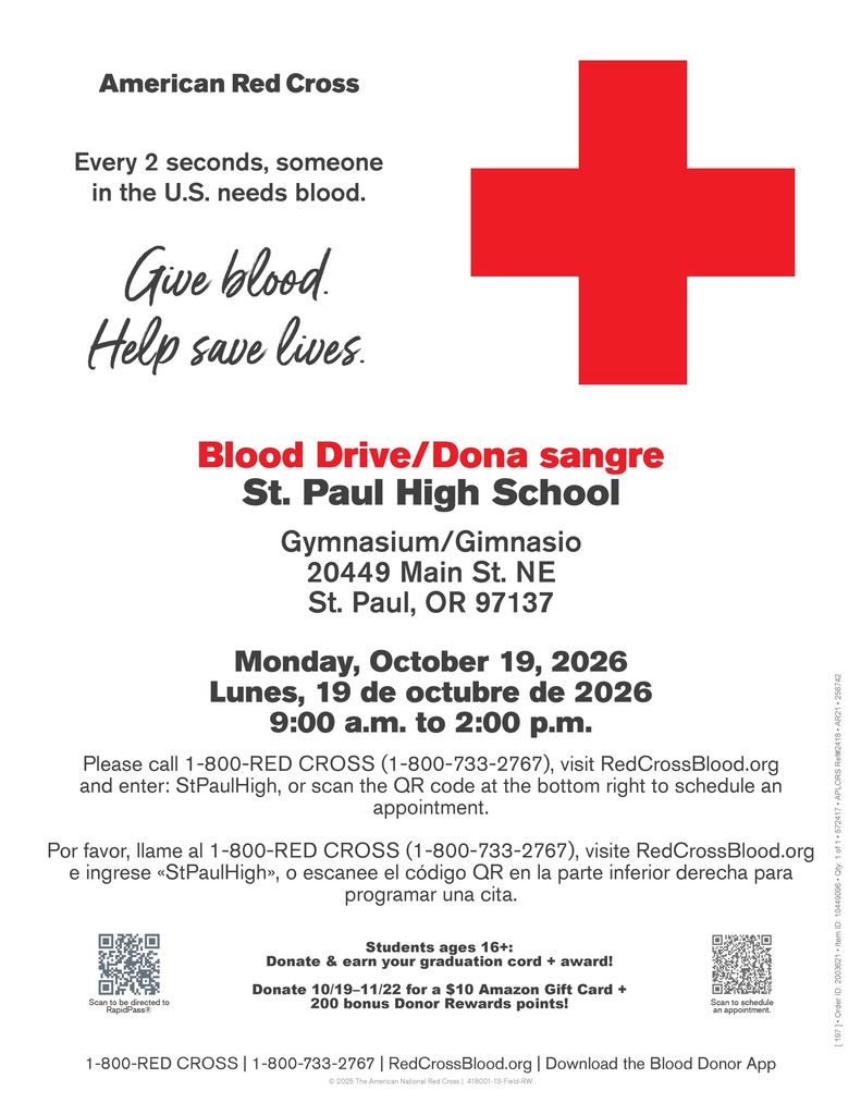 Blood Drive October 19 9:00 am-2:00 pm at St. Paul High School gym