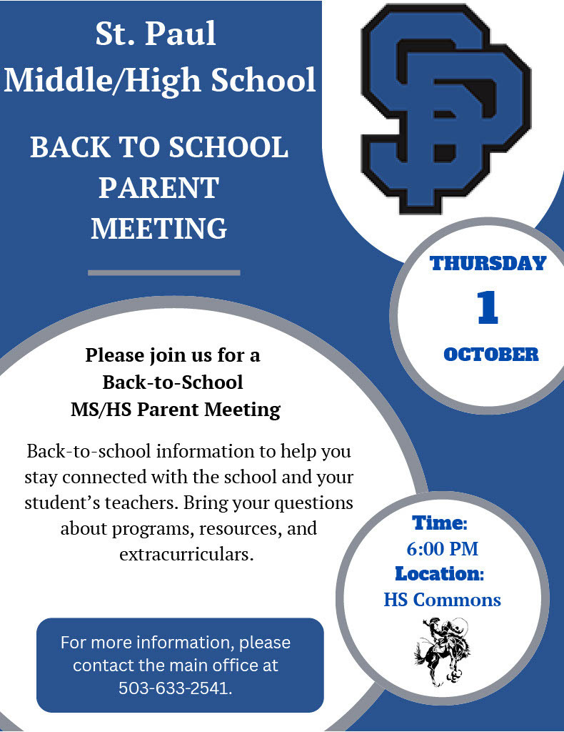 Middle/High School Parent Meeting on October 1 at 6:00 pm in the HS Commons