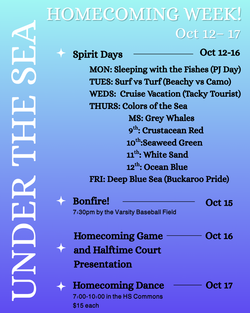Homecoming Week October 12-17 Spirit Days Oct 12-16, Bonfire 7:00 pm Oct 15, Homecoming game and Halftime Court presentation Oct 16, Homecoming Dance Oct 17 in the HS Commons at 7:00 pm