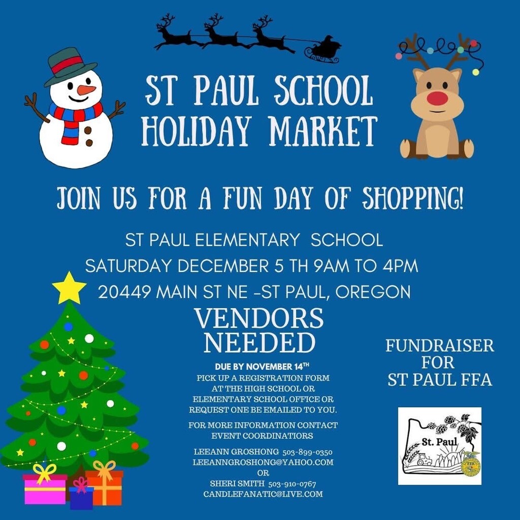 If you are interested in being a vendor for the St. Paul Holiday Market on Saturday, December 5th, please contact Sheri Smith (candlefanatic@live.com). Deadline is November 14.