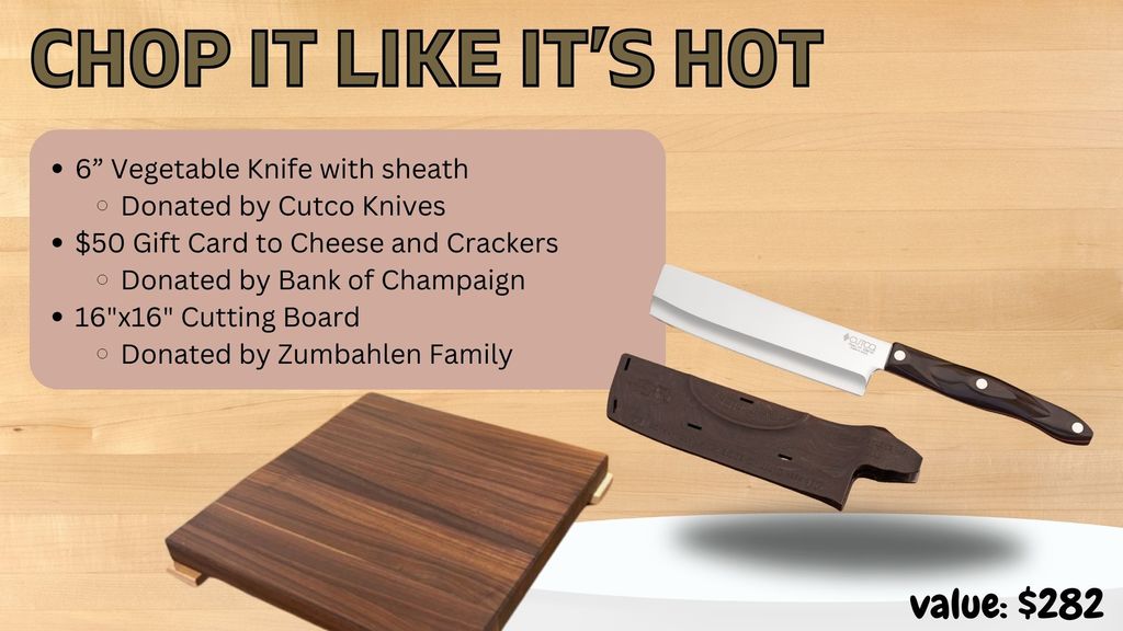 Chop it Like It's Hot - Cutco Vegetable knife, Gift Card to Cheese and Crackers, and Handcrafted cutting board.