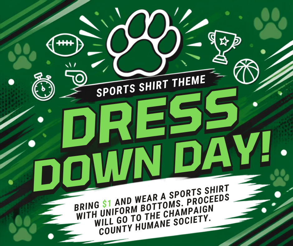 Green theme with sports vector images, and tiger paws stating Bring $1 and wear a sports shirt with uniform bottoms. Proceeds will go to the Champaign County Humane Society.